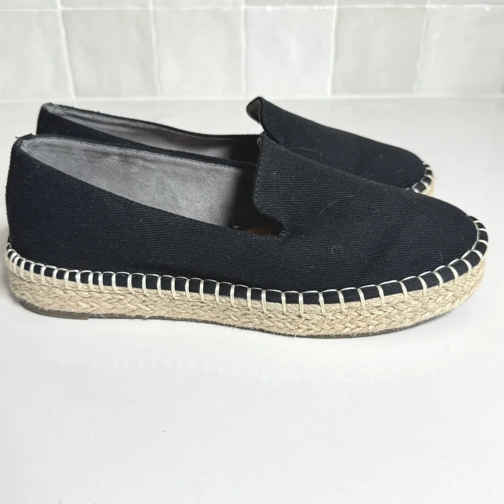 Joie Cara Espadrille Flats Women 7.5 Black Canvas Jute Slip On Shoes‎